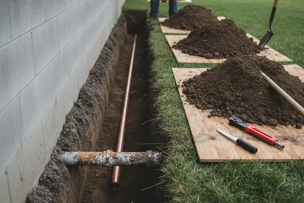 Excavated water line trench during Water Softener Installation in Ohiopyle